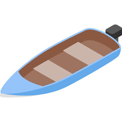 Light Blue Motorboat With Brown Interior And Black Engine Isolated On White Background In Isometric 3d Style