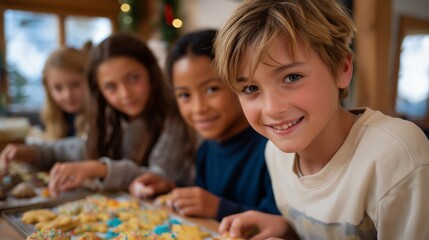 Group of cheerful children decorating Christmas cookies with colorful icing and sprinkles, emotion of joy and excitement visible, symbolizing festive family traditions, creative holiday activities,