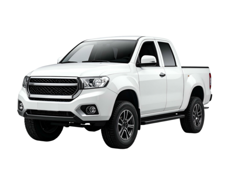 A white modern pickup truck, front view with a black grill and dark rims