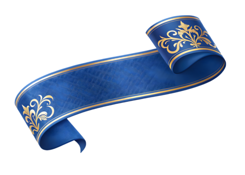 Ornate blue ribbon scroll with gold embellishments and intricate patterns isolated on transparent background