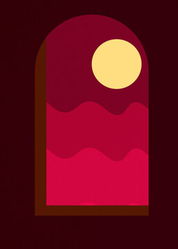 Abstract window arch illustration with sun at sunset or sunrise