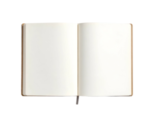 An open notebook with blank pages, viewed from above, against a black background