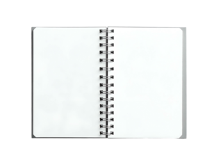 An open, spiral-bound notebook with crisp, white pages against a black background