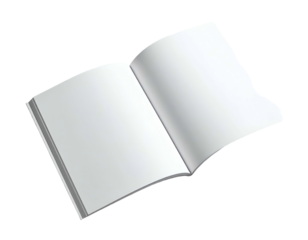 An open book with blank pages, angled to show the spine and inner pages, ready for text