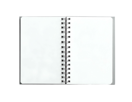 An open, spiral-bound notebook with crisp, white pages against a black background