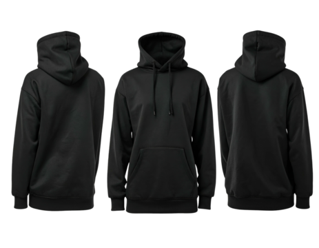 Front, back and angled views of a plain black hooded sweatshirt against a black background