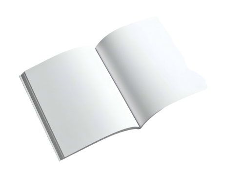 An open book with blank pages, angled to show the spine and inner pages, ready for text