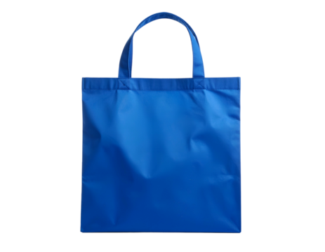 Plain blue tote bag with handles, floating against a black background, vertical view
