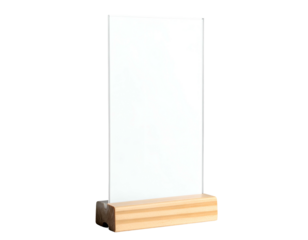 A clear, rectangular glass display in a wooden stand against a black background