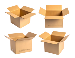 Four cardboard boxes, each opened, shot against a black background