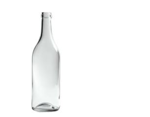 Clear, empty, glass bottle stands alone against a black background, lit from the left