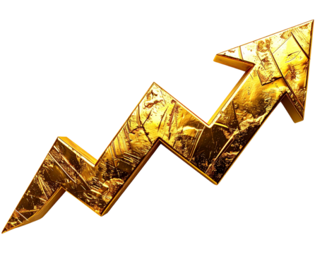 Golden Zig-Zag Arrow Up, Growth Symbol, Isolated on White Transparent Background, PNG