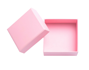 Top-down view of an open, empty, pastel pink square box on a black background