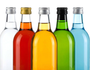 Close-up image of five colorful liquid-filled glass bottles with metal and gold bottle caps