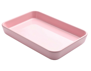 A rectangular, pale pink ceramic baking dish, showcasing a sleek, modern design