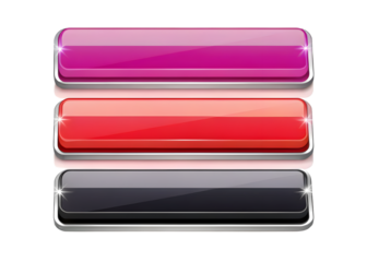 Three stacked rectangular cosmetic lip glosses in shades of pink purple red and grey with shiny metallic casings isolated on transparent background