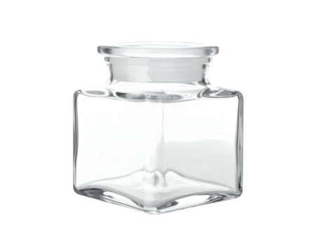 A square glass jar with a clear lid, isolated against a solid black background