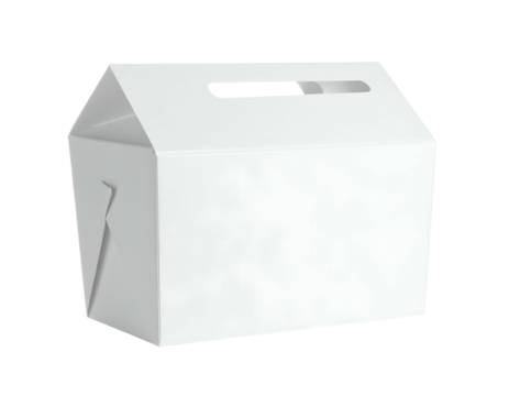 A rendered, medium-sized white cardboard box with a carrying handle and simplistic design