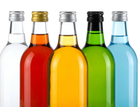 Close-up image of five colorful liquid-filled glass bottles with metal and gold bottle caps - Powered by Adobe