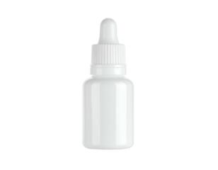 A white, glossy liquid medicine bottle with a dropper, against a black background