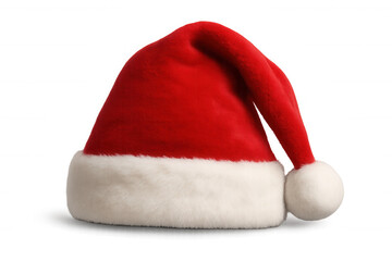 Red santa hat with white fur trim and pompom, symbolizing christmas and winter holidays, transparent background