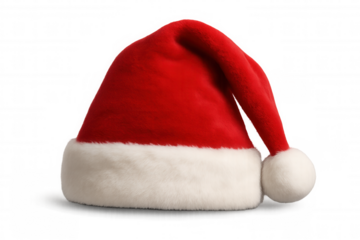 Red santa hat with white fur trim and pompom, symbolizing christmas and winter holidays, transparent background