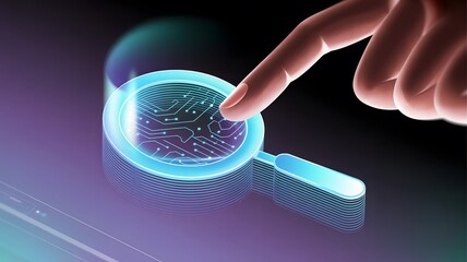A human finger touches a glowing holographic fingerprint scanner symbolizing digital security biometric authentication and advanced technology in a futuristic interface