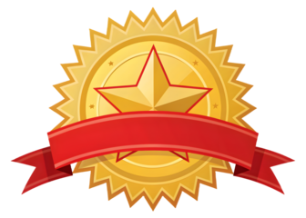 Golden star award emblem with red ribbon banner for recognition and achievement isolated on transparent background