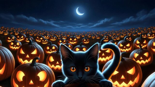 Halloween Night: Black Cat Amidst Pumpkin Patch Under Crescent Moon