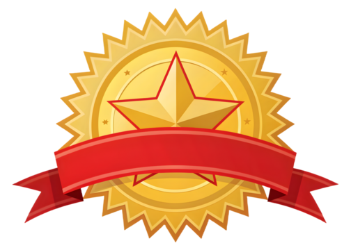 Golden star award emblem with red ribbon banner for recognition and achievement isolated on transparent background
