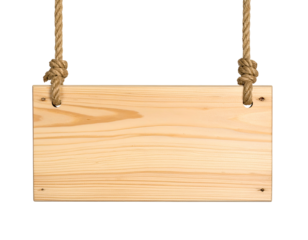 A blank, rectangular wooden sign is suspended from two knotted ropes against a black background