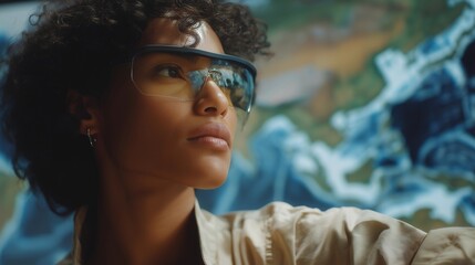 Scientist analyzing climate change data with AR overlays of temperature maps, sea level rise, and CO2 emissions, emotion of focus and urgency visible, symbolizing environmental monitoring,