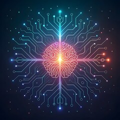 Artificial Intelligence Brain Connection: Neural Network Concept with Glowing Circuit Board Pattern, Modern Technology and Machine Learning Illustration on Dark Background