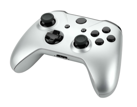 Angled studio shot of a silver-colored video game controller, buttons visible