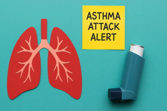 Paper cut lungs with inhaler and sticky note "ASTHMA ATTACK ALERT" represent healthcare awareness for asthma management. This design emphasizes importance of recognizing asthma symptoms