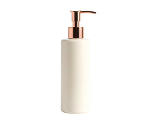 Obraz premium A tall, cylindrical dispenser bottle with a rose gold pump head, isolated against black