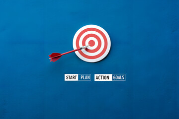 Red target with arrow and motivation text on blue background, business goal concept