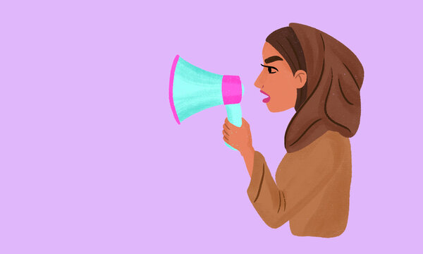 Muslim woman speaking through megaphone illustrating empowerment and rights