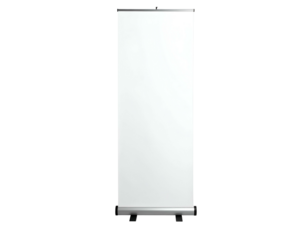 Standing tall, a blank white retractable banner display against a deep black backdrop