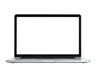 A modern, silver laptop with a bright, blank screen, isolated against a black background