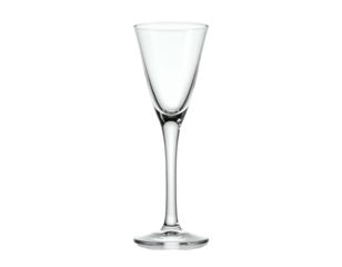 Tall, elegant, stemware glass for spirits, standing upright, against a black background