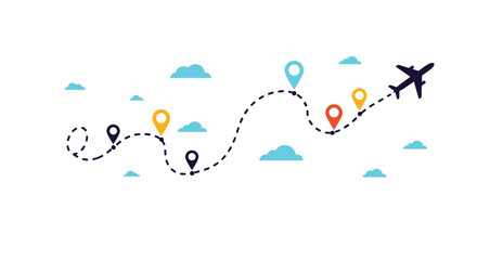 Naklejka premium An airplane flying along a dotted line with location pins and clouds.