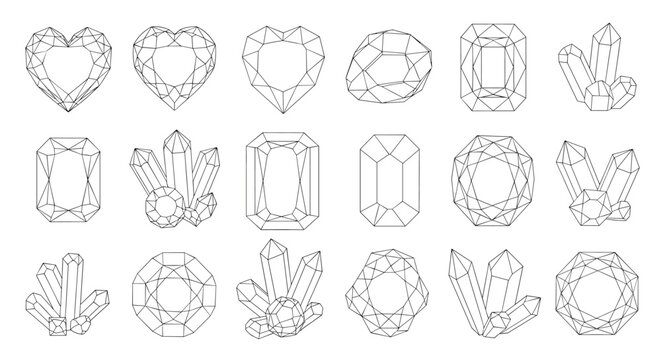 A collection of various gemstone cuts and shapes depicted in a line art style.