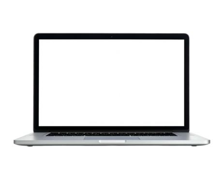 A modern, silver laptop with a bright, blank screen, isolated against a black background