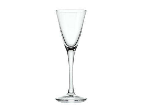 Tall, elegant, stemware glass for spirits, standing upright, against a black background