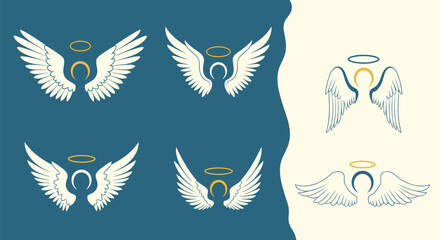 Naklejka premium A collection of stylized angel wings with golden halos on a split background.
