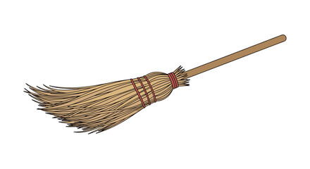 A rustic broom made of natural straw and a wooden handle is depicted against a white background.
