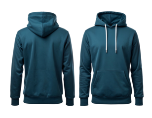 Two-view image displays a teal hooded sweatshirt. The front and back are shown, flat