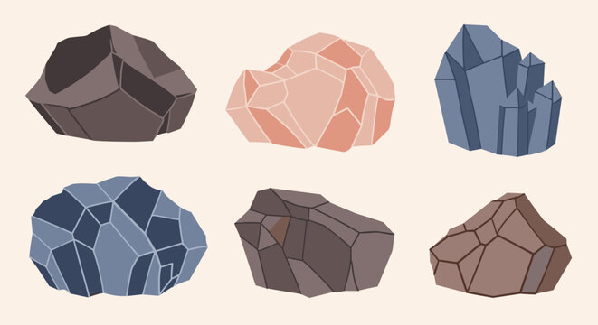 A collection of six different types of geological rock formations displayed on a light background.