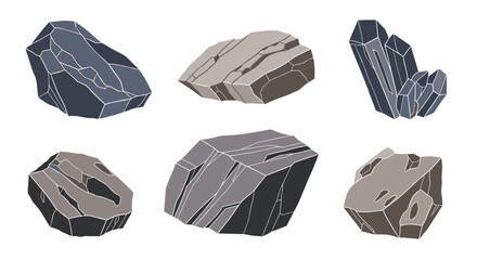 Naklejka premium A collection of six diverse rocks and mineral specimens depicted in a pixel art style.